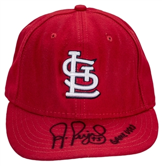 2007-08 Albert Pujols Game Used, Signed & Inscribed St. Louis Cardinals Cap (Beckett)